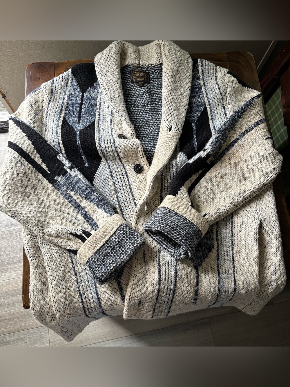 Lucky Brand Shawl Collar Knit Cardigan Sweater in Cream, Blue, and Black